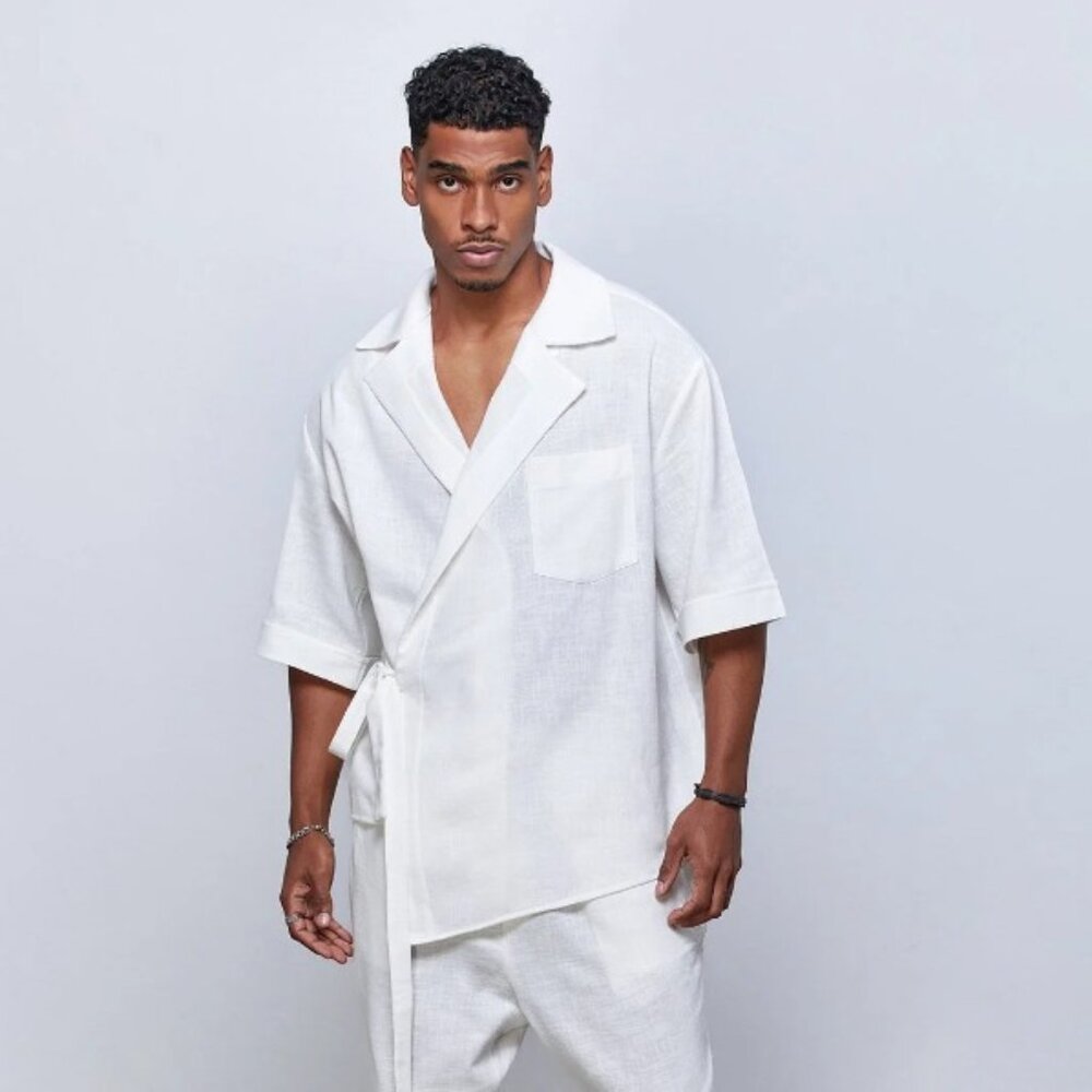 Dear Deer White Linen Double Breasted Jacket Wrap Front Side Tie Medium‎ NWT